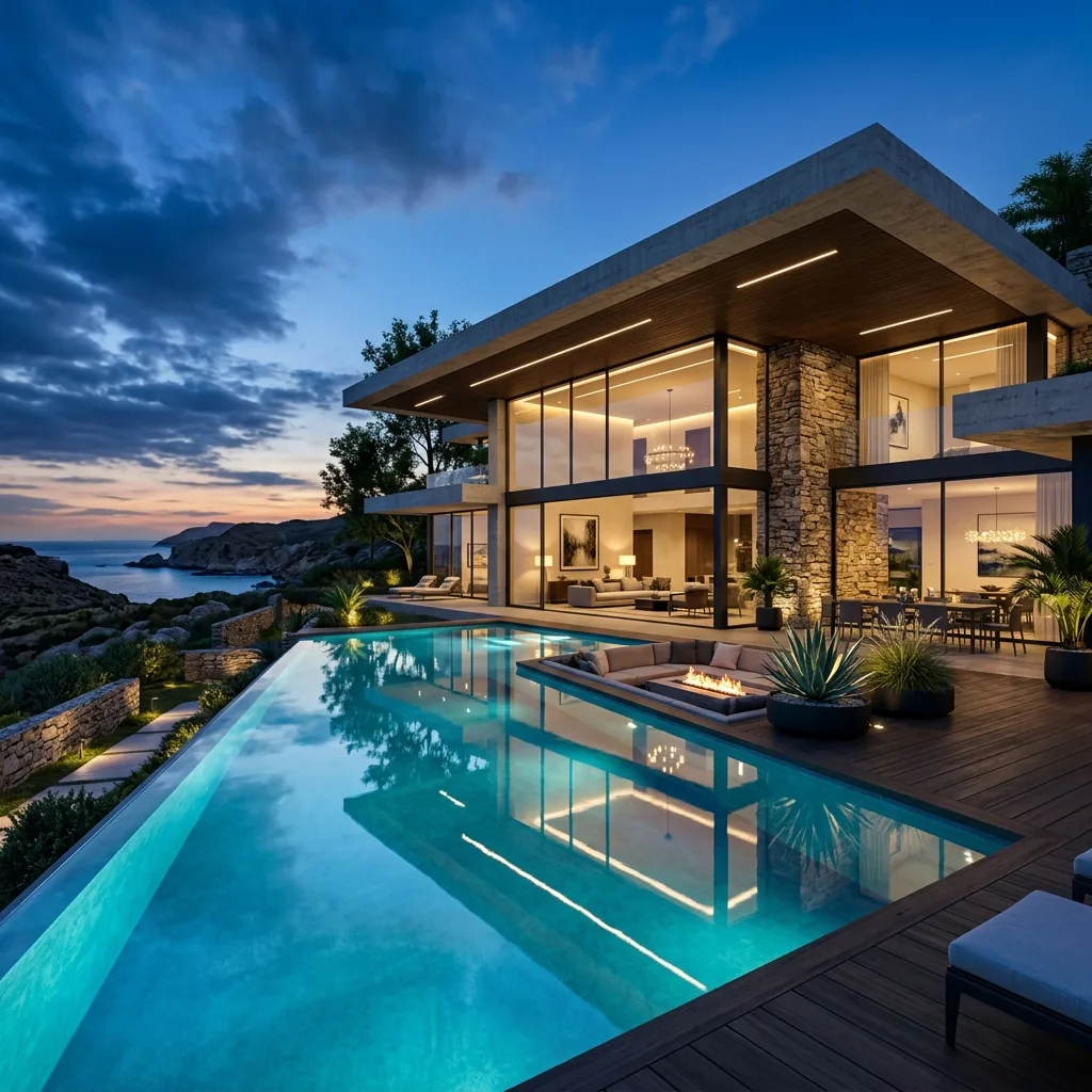 Render 3D de residência de alto padrão com piscina de borda infinita