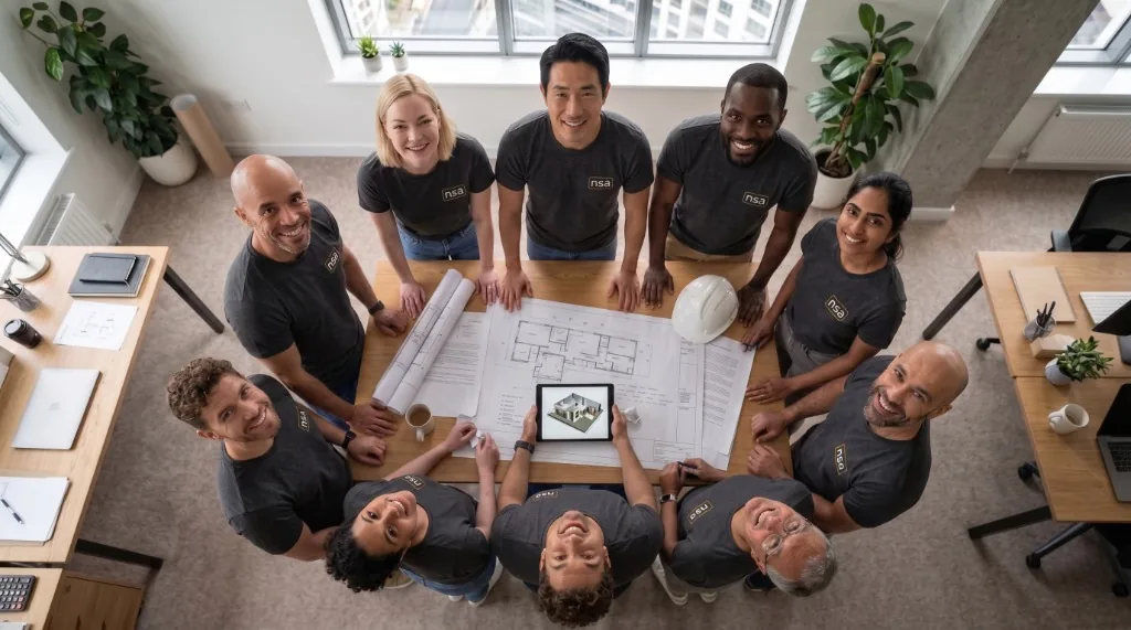 Equipe NSA Construções reunida no escritório de engenharia